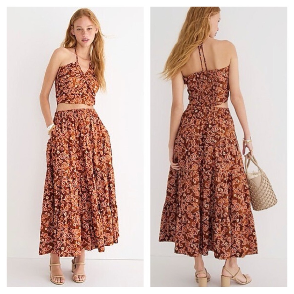 J.Crew Organic Cotton Vintage Vines Floral Print Tiered Pull-On Maxi Skirt - Picture 3 of 14
